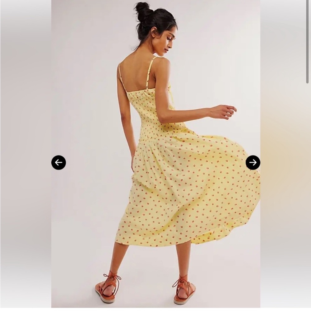 NWOT Free People Lavender Daze midi dress. Yellow w/ strawberry print - Picture 2 of 4